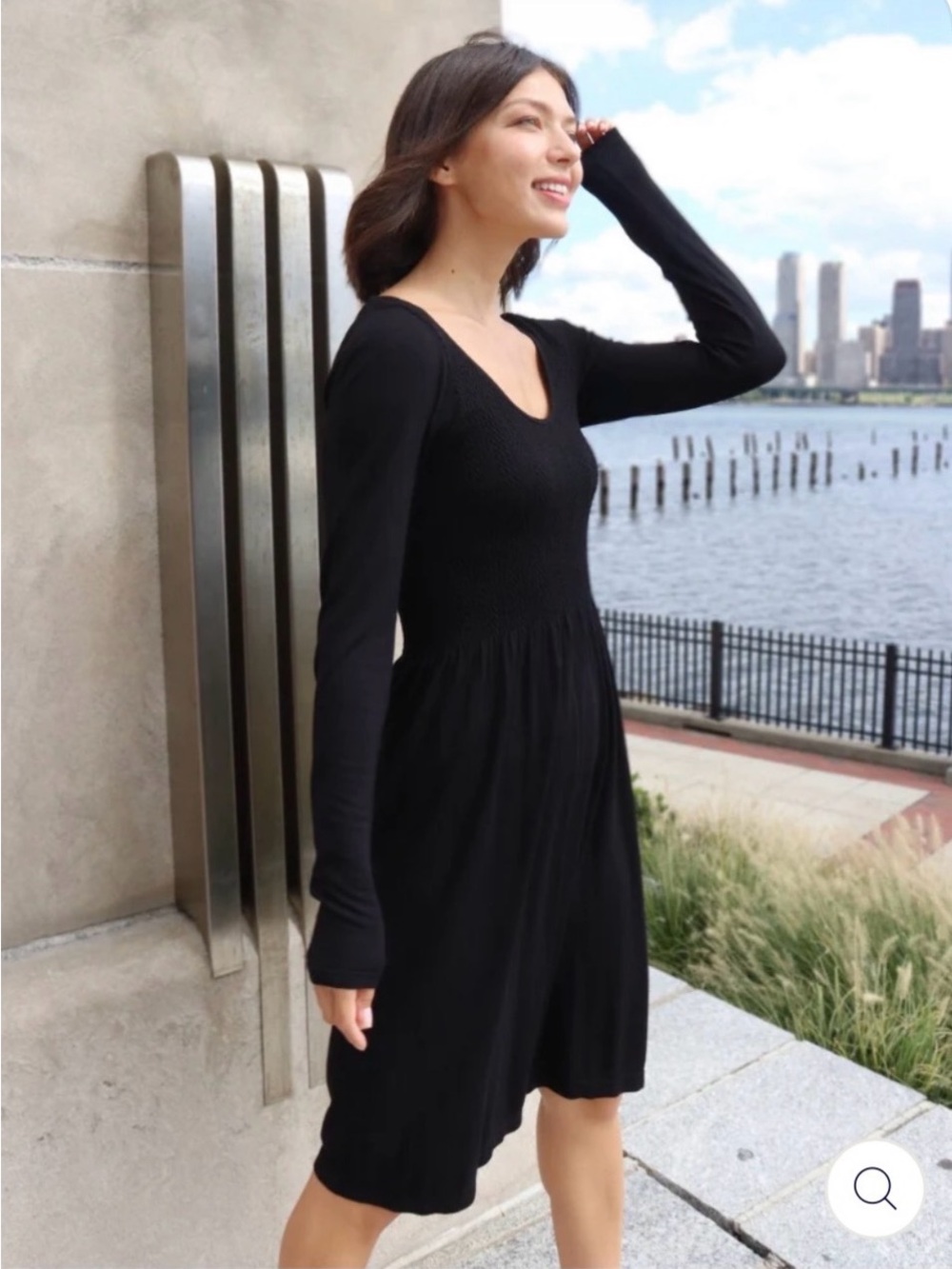 ELIETIAN Black Scoop Neck Long Sleeve Knit Knee Length Dress Current OS S M L